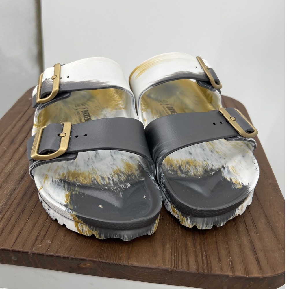 Birkenstock Arizona EVA Sandals Gold Black White Marble Slides 41 L10 M8 - Picture 3 of 6